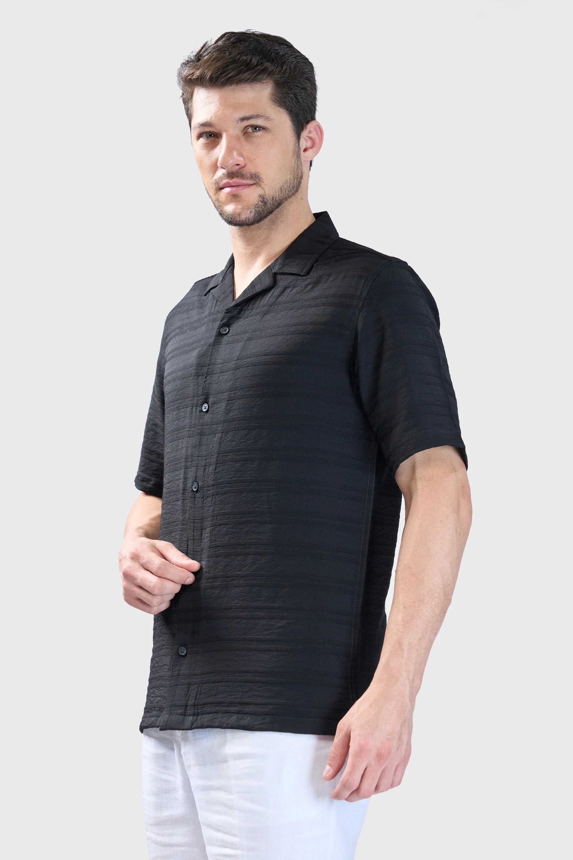Xkind Black Horizontal Pleated Stripes Relaxed Fit Shirt