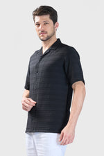 Thumbnail for Xkind Black Horizontal Pleated Stripes Relaxed Fit Shirt