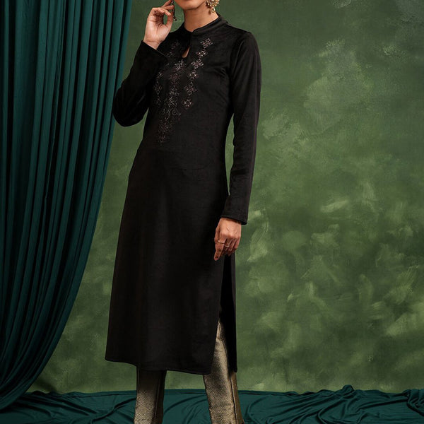 Vishudh Black Ethnic Motifs Yoke Design Embroidered Keyhole Neck Straight Kurta - Distacart