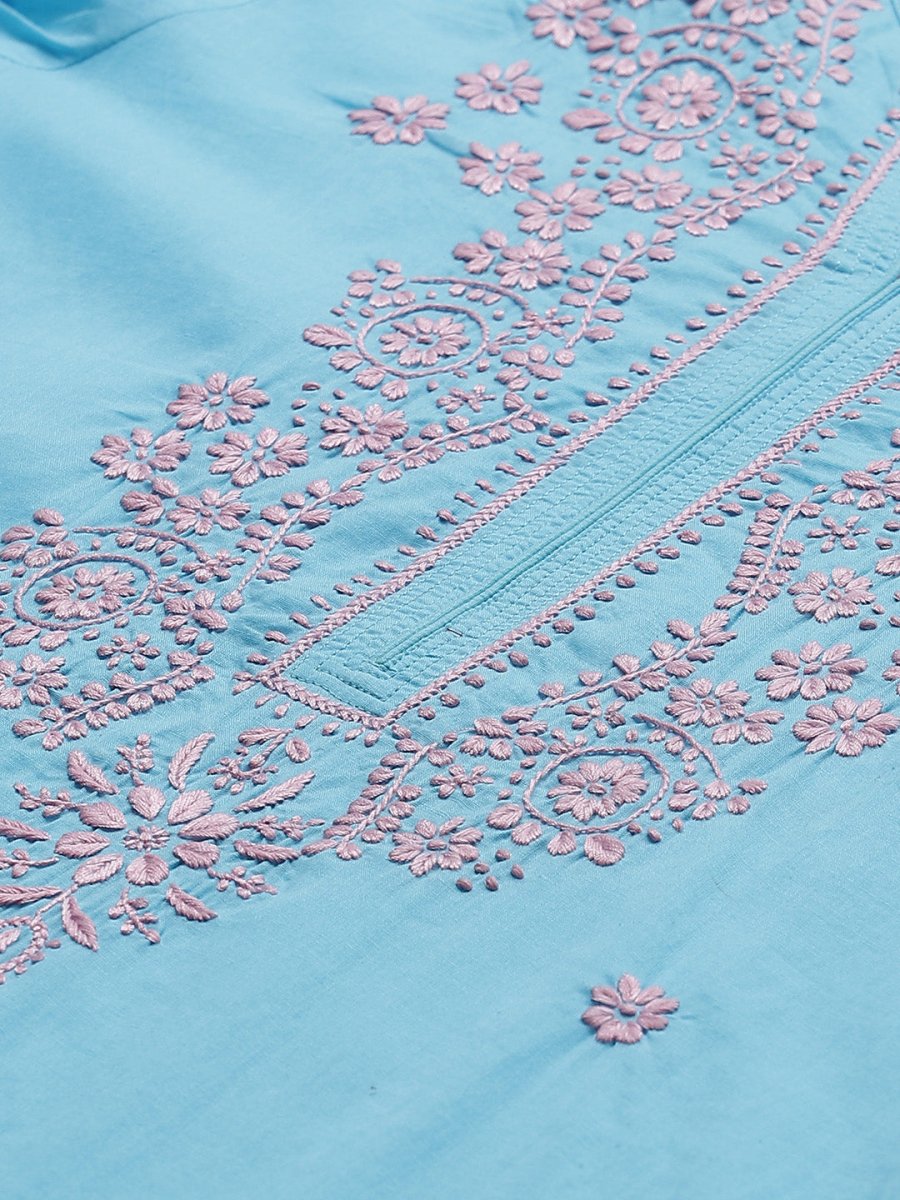 ADA Women Blue & Pink Chikankari Embroidered Sustainable Handloom Kurta with Trousers - Distacart