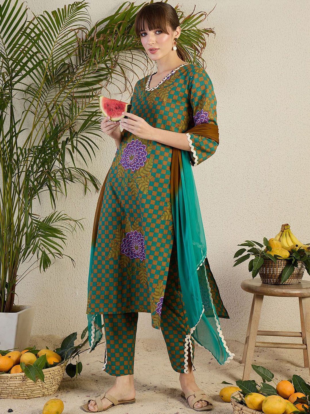 Indo Era Women Floral Printed Regular Beads and Stones Kurta with Trousers & With Dupatta