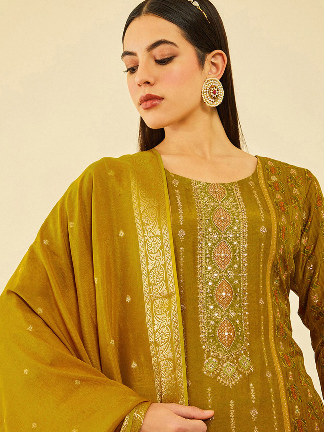 Soch Mustard Yellow Ethnic Motifs Printed Straight Kurta & Trouser With Dupatta - Distacart