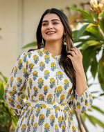 Thumbnail for Kaajh Women's White-Yellow Ethnic Floral Hand Block Print Cotton Dress - Distacart