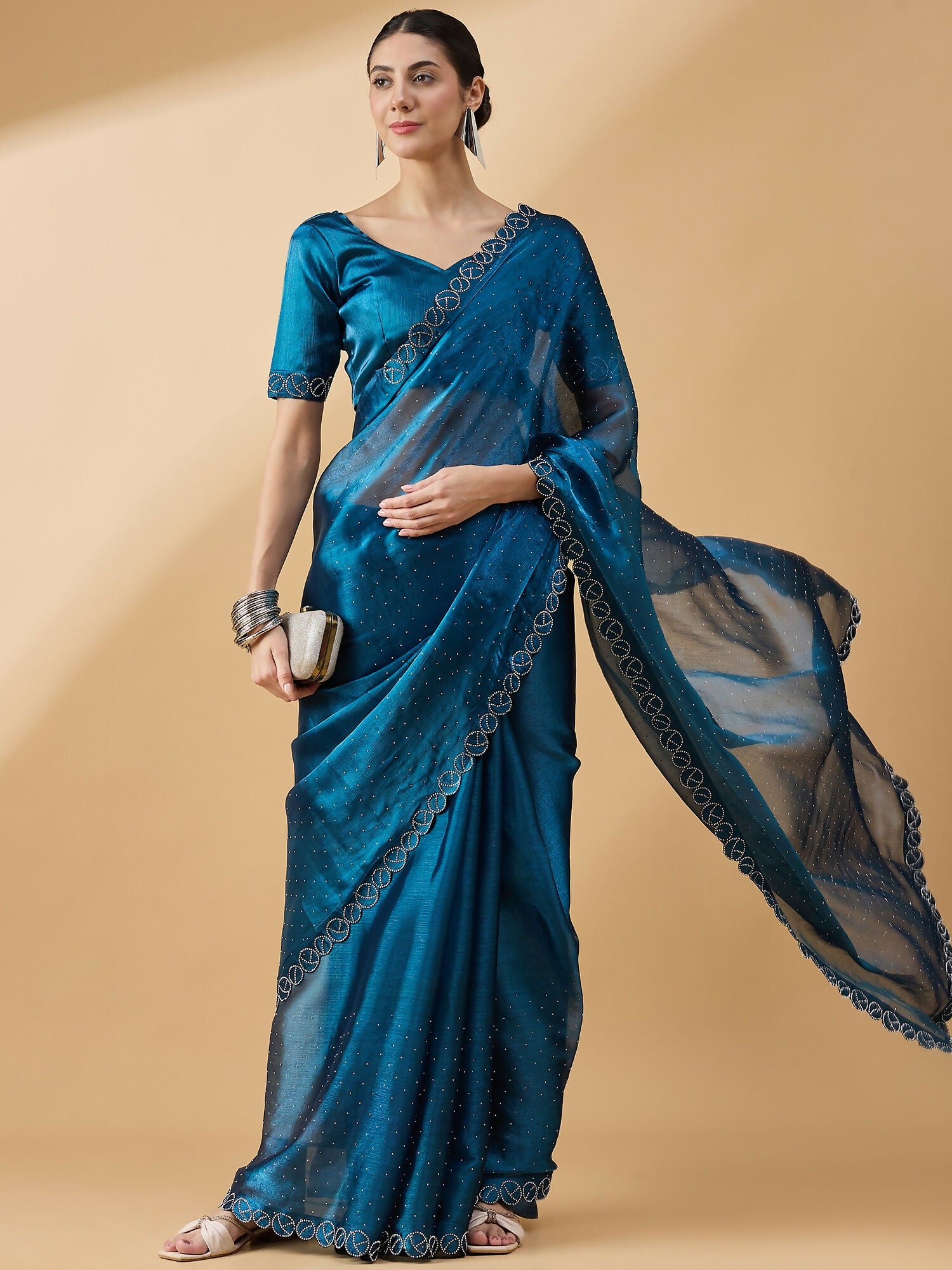 Teal Organza Swaroski Diamond Work Saree with Unstitched Blouse - Radha - Distacart
