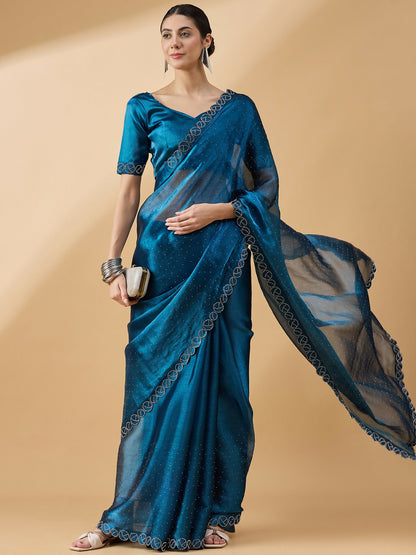 Teal Organza Swaroski Diamond Work Saree with Unstitched Blouse - Radha - Distacart