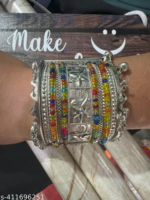 Tehzeeb Creations Women's Silver Colour Oxidised Bangle With Multi Colour Pearl