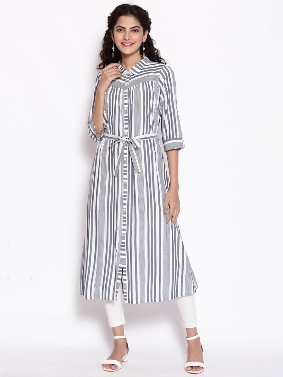 AURELIA Blue & White Striped Shirt Midi Dress With Waist Tie Up - Distacart
