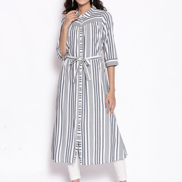 AURELIA Blue & White Striped Shirt Midi Dress With Waist Tie Up - Distacart
