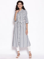 Thumbnail for AURELIA Blue & White Striped Shirt Midi Dress With Waist Tie Up - Distacart