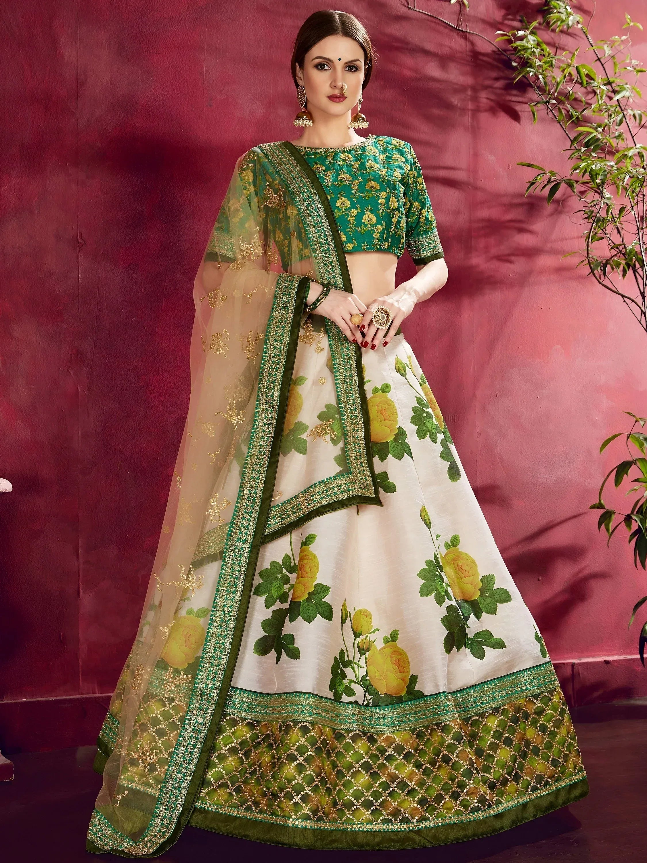 Tulsi Art Cream-Green Floral Print Banglori Silk Bridal Lehenga Choli With Beige Dupatta - Dista