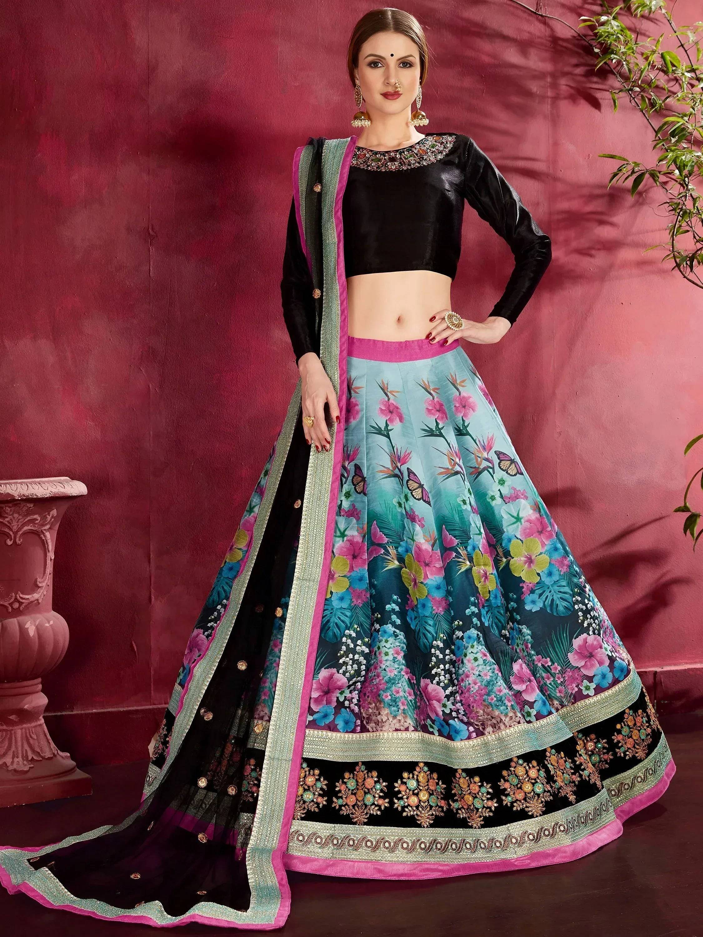 Tulsi Art Attractive Blue Floral Printed Banglori Silk Bridal Lehenga With Black Choli - Dista
