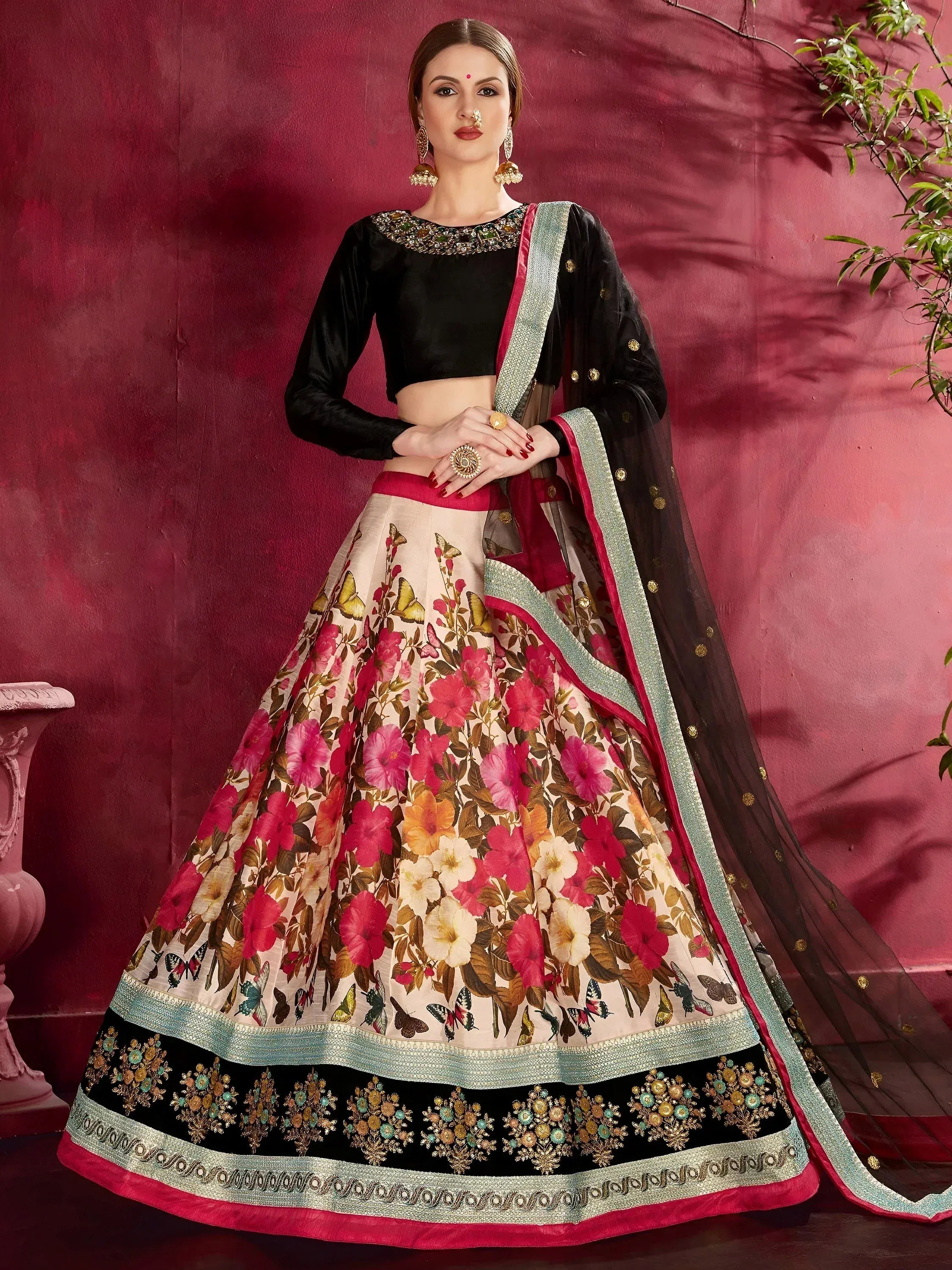 Tulsi Art Multi Color Floral Printed Banglory Silk Bridal Lehenga Black Choli And Dupatta - Dista