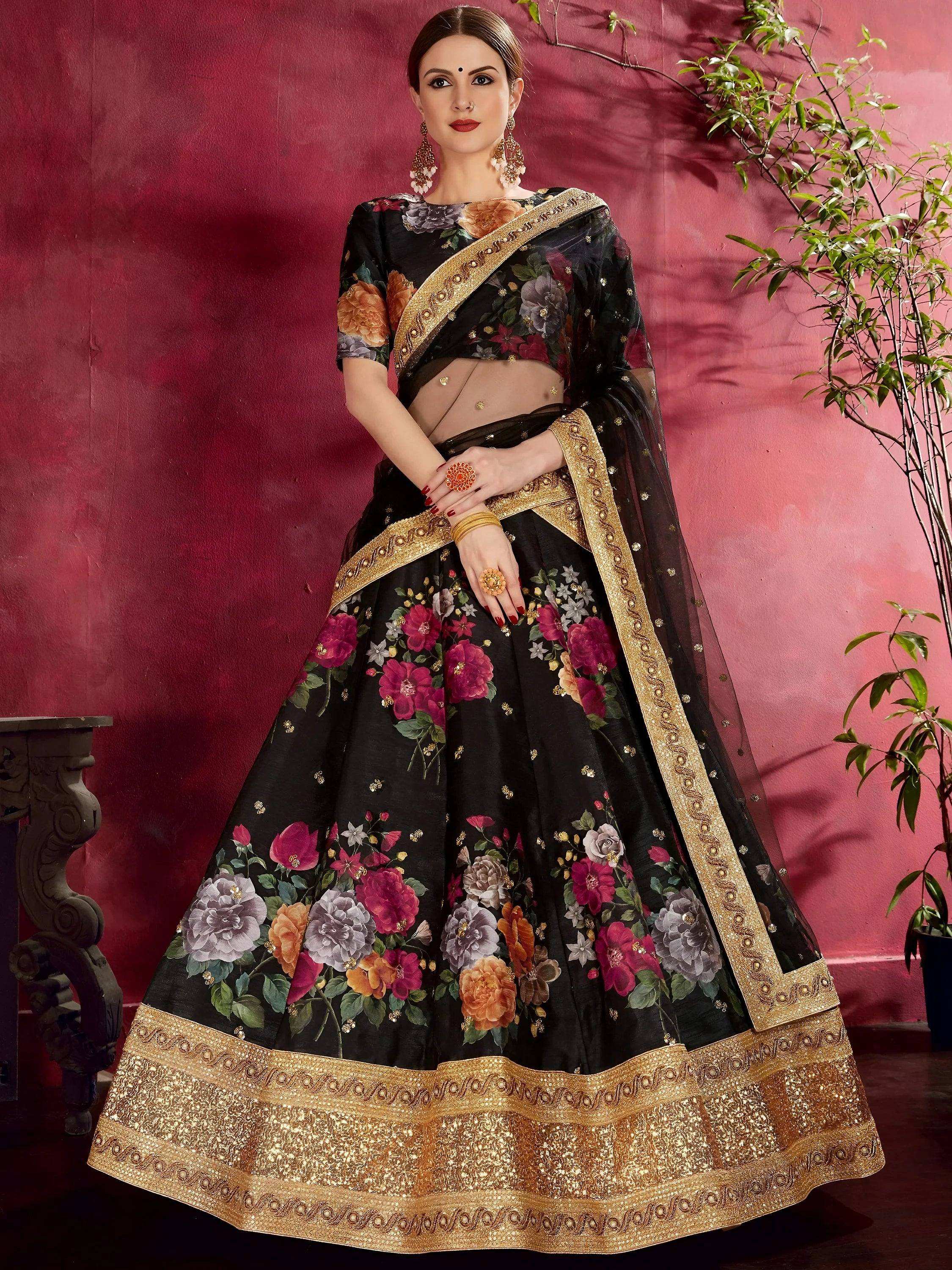 Tulsi Art Black Floral Printed Banglori Silk Bridal Lehenga Choli With Dupatta - Dista