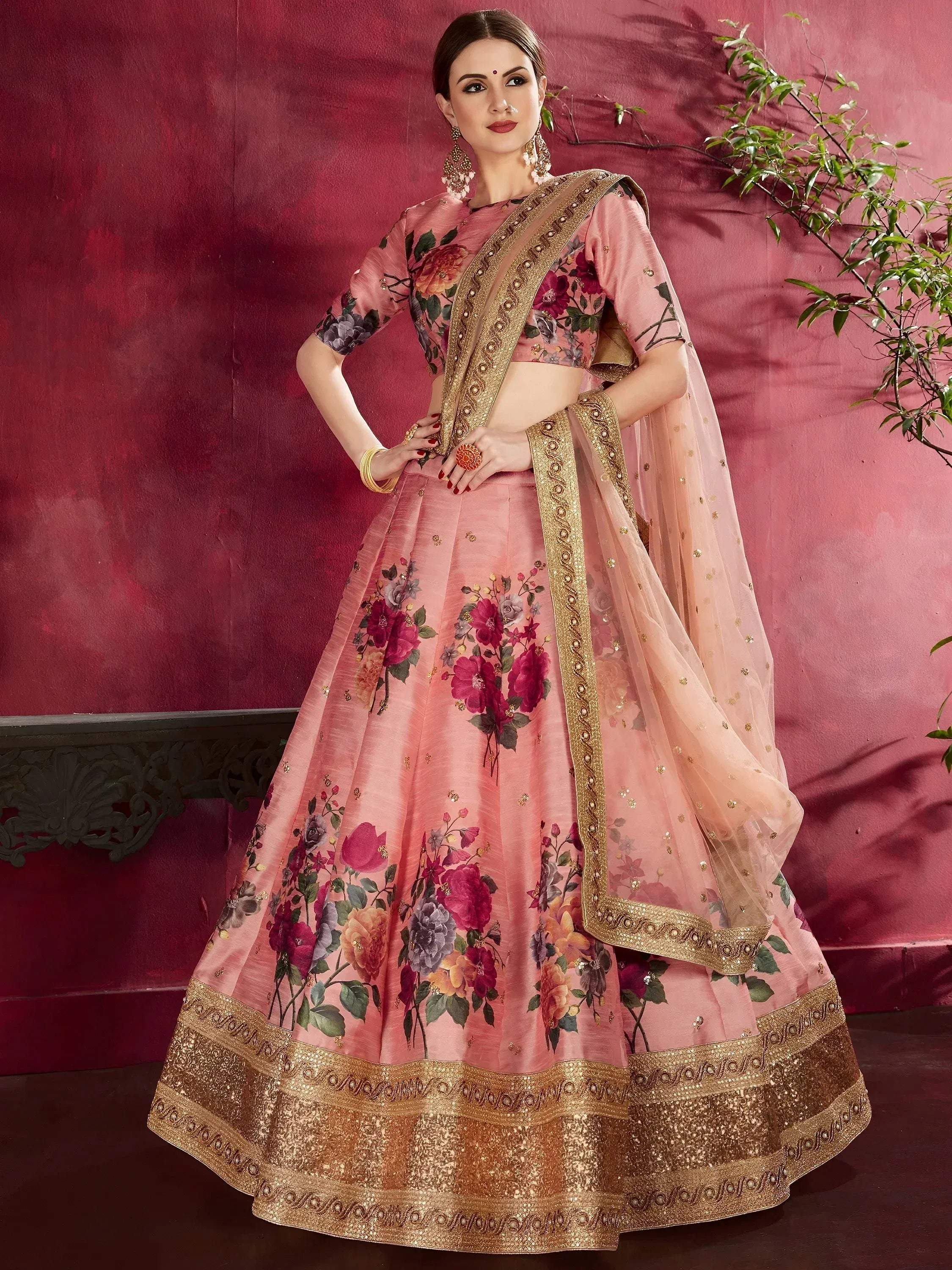 Tulsi Art Peach Floral Printed Banglori Silk Bridal Lehenga Choli With Dupatta - Dista