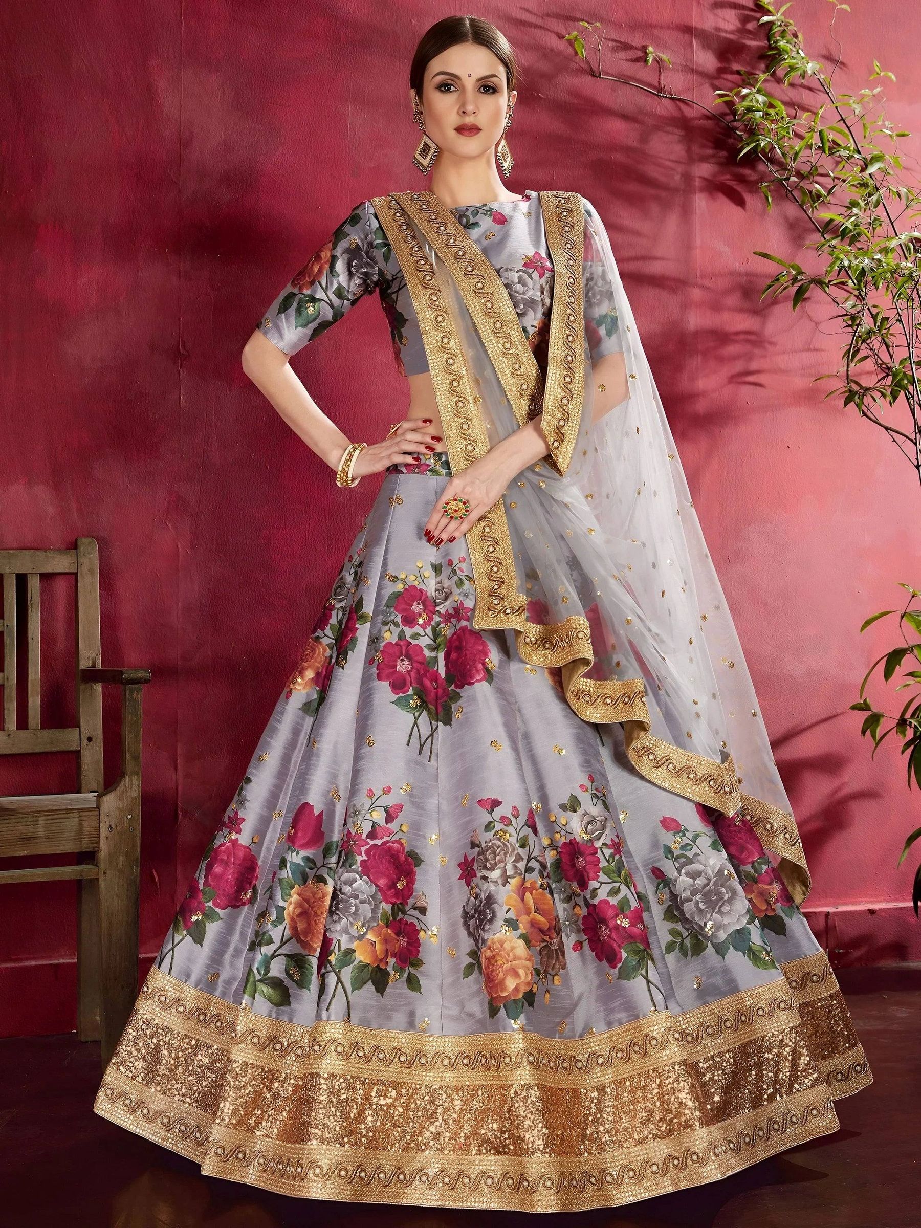 Tulsi Art Grey Floral Printed Banglori Silk Bridal Lehenga Choli With Dupatta - Dista