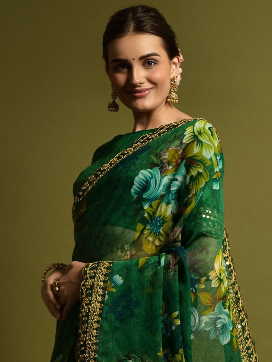 Anouk Green & Blue Floral Printed Embroidered Pure Georgette Saree - Distacart