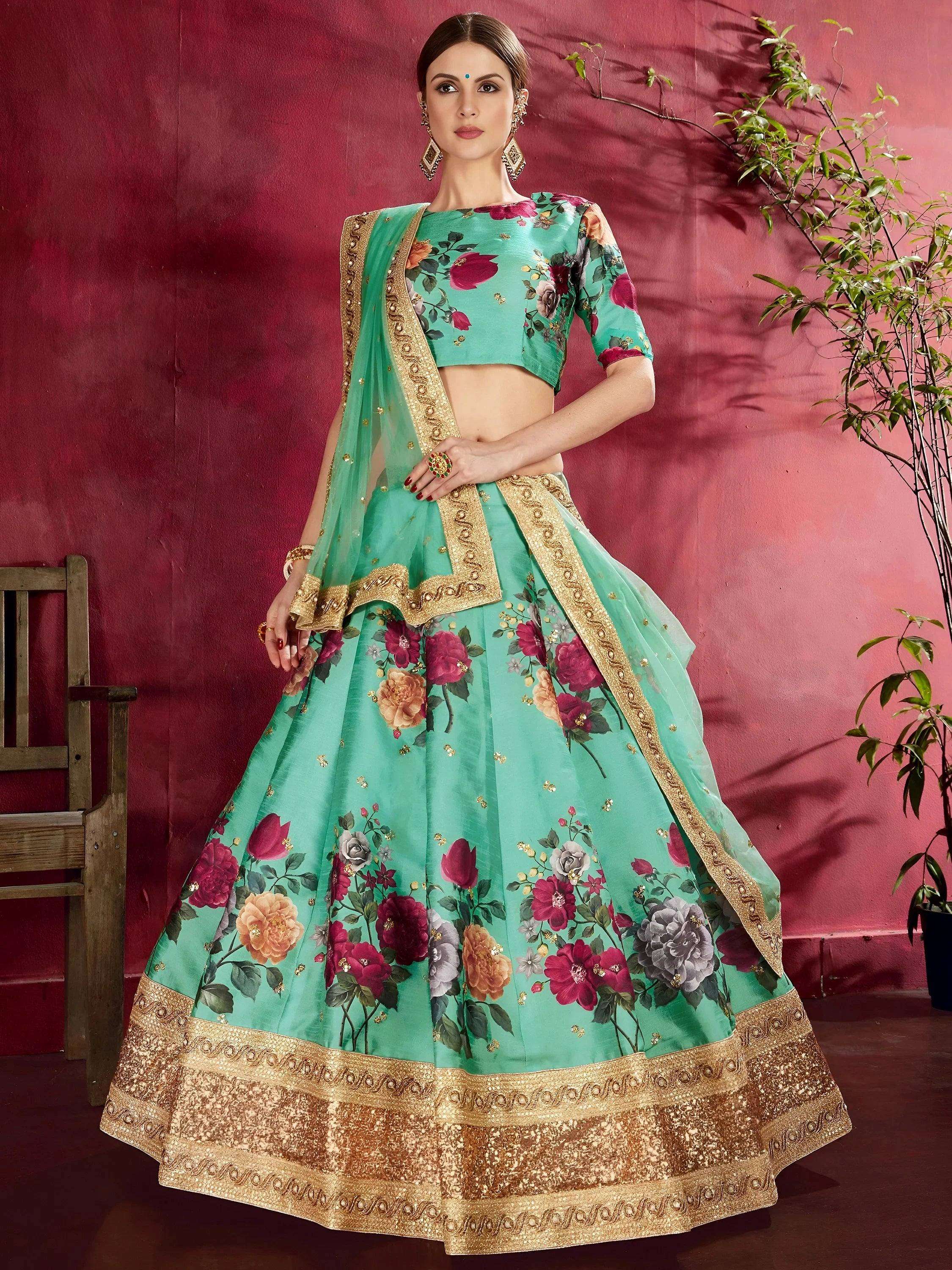 Tulsi Art Green Floral Printed Banglori Silk Bridal Lehenga Choli With Dupatta - Dista
