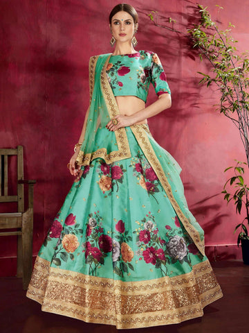 Tulsi Art Green Floral Printed Banglori Silk Bridal Lehenga Choli With Dupatta - Dista