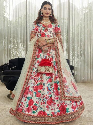 Tulsi Art Capricious Off-White Floral Printed Art Silk Lehenga Choli - Dista