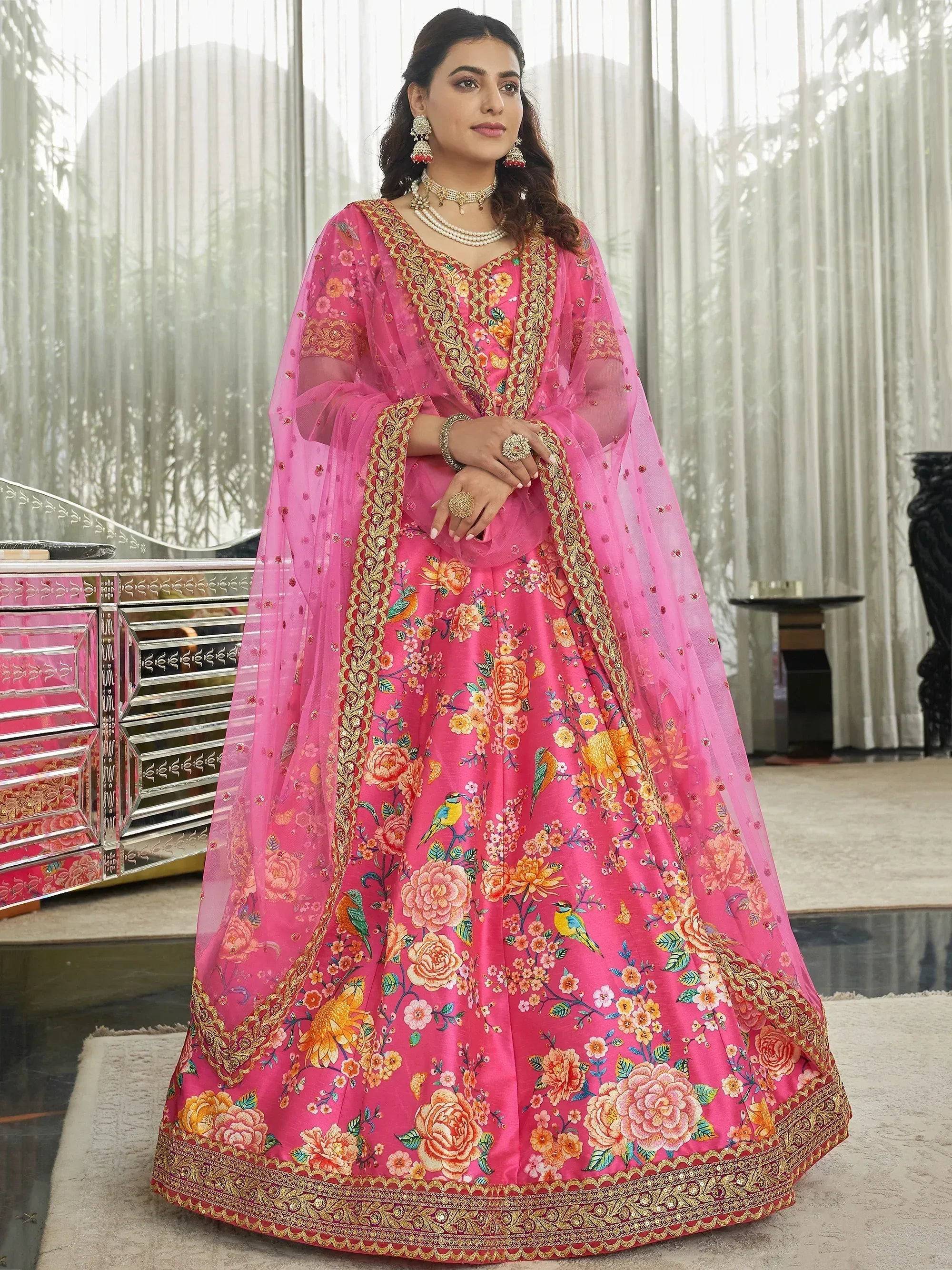 Tulsi Art Marvelous Deep Pink Floral Printed Art Silk Lehenga Choli With Dupatta - Dista