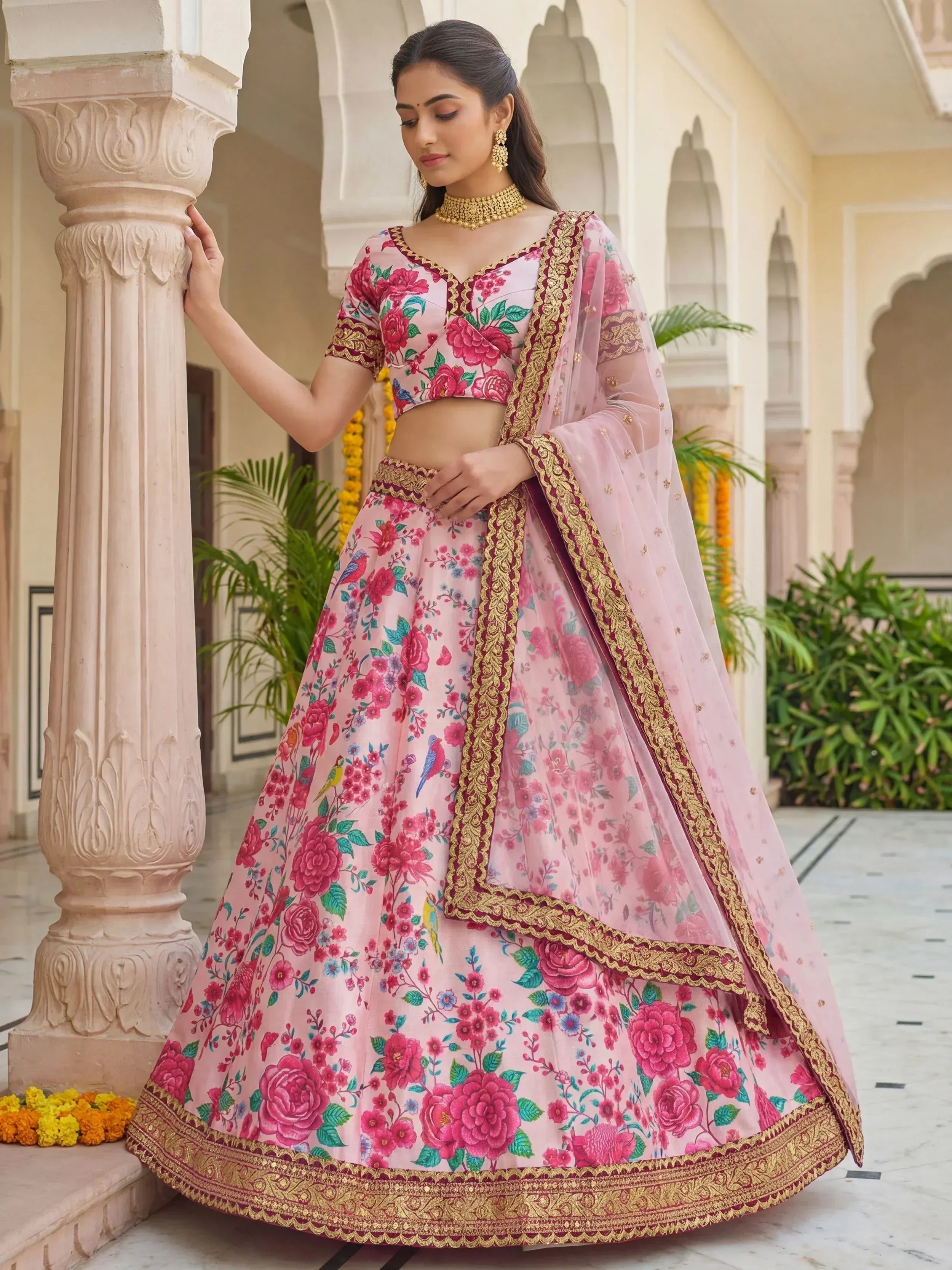 Tulsi Art Captivating Light Pink Floral Printed Silk Festival Wear Lehenga Choli - Dista