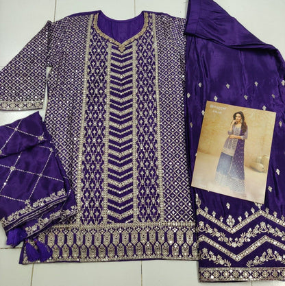 Anaita Violet Chinon Sequence Embroidered Readymade Salwar Suit - Distacart
