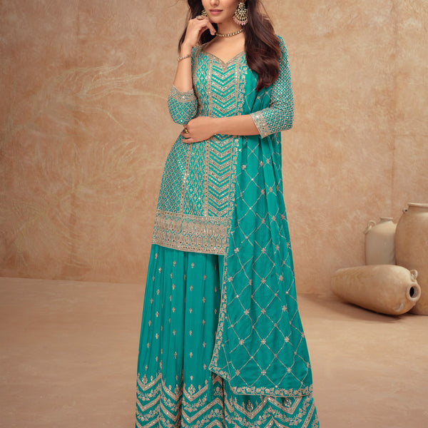 Anaita Sky Blue Chinon Sequence Embroidered Readymade Salwar Suit - Distacart