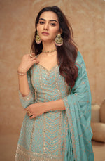 Thumbnail for Anaita Sky Blue Chinon Sequence Embroidered Readymade Salwar Suit - Distacart