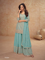 Thumbnail for Anaita Sky Blue Chinon Sequence Embroidered Readymade Salwar Suit - Distacart