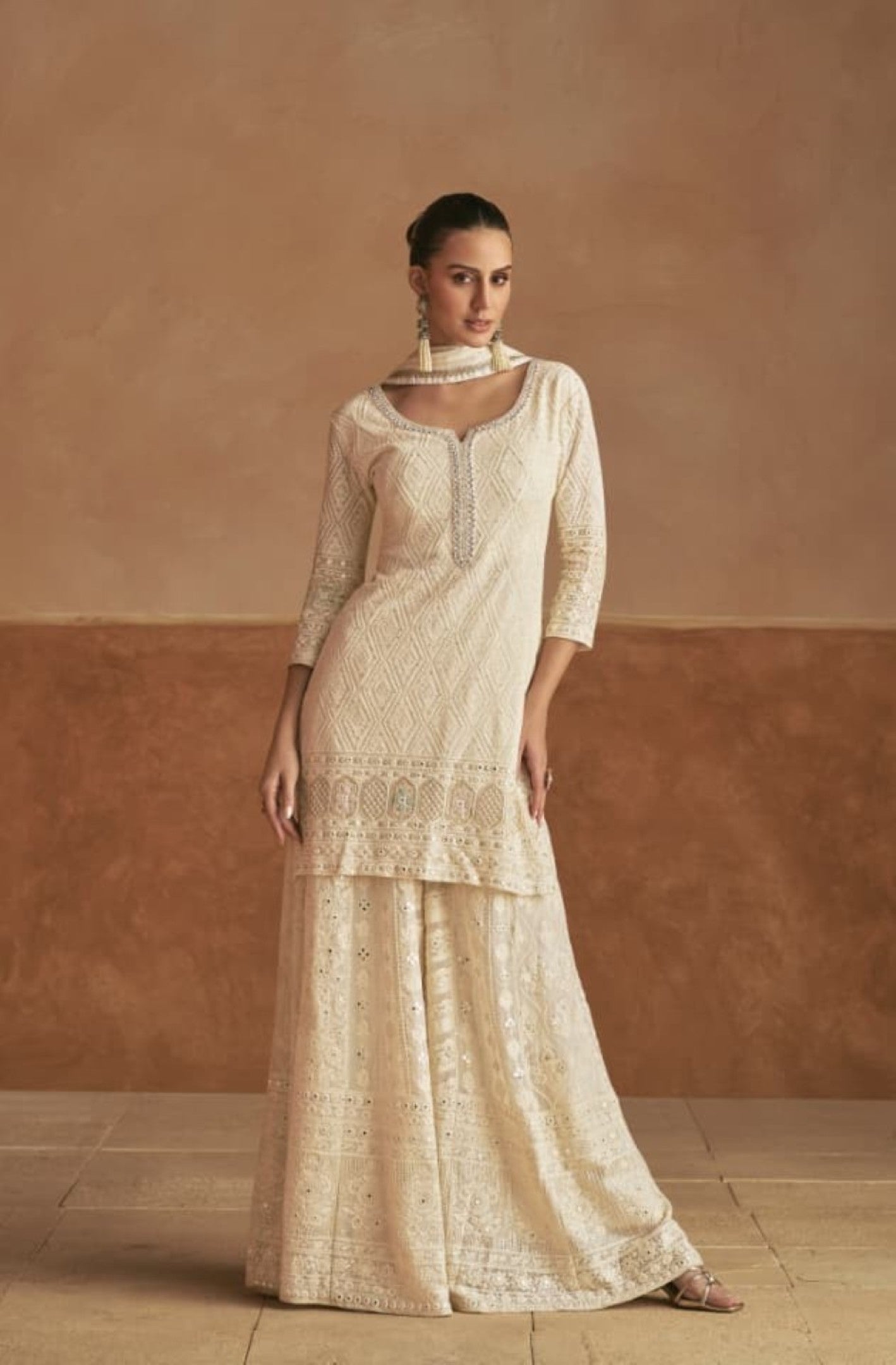 Anaita Cream Georgette Stitched Suit With Embroidery & Sequence Work - Dista