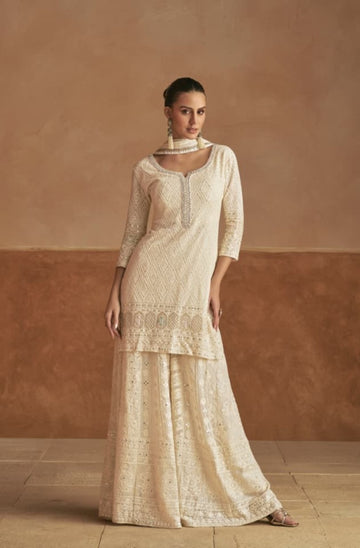 Anaita Cream Georgette Stitched Suit With Embroidery & Sequence Work - Dista