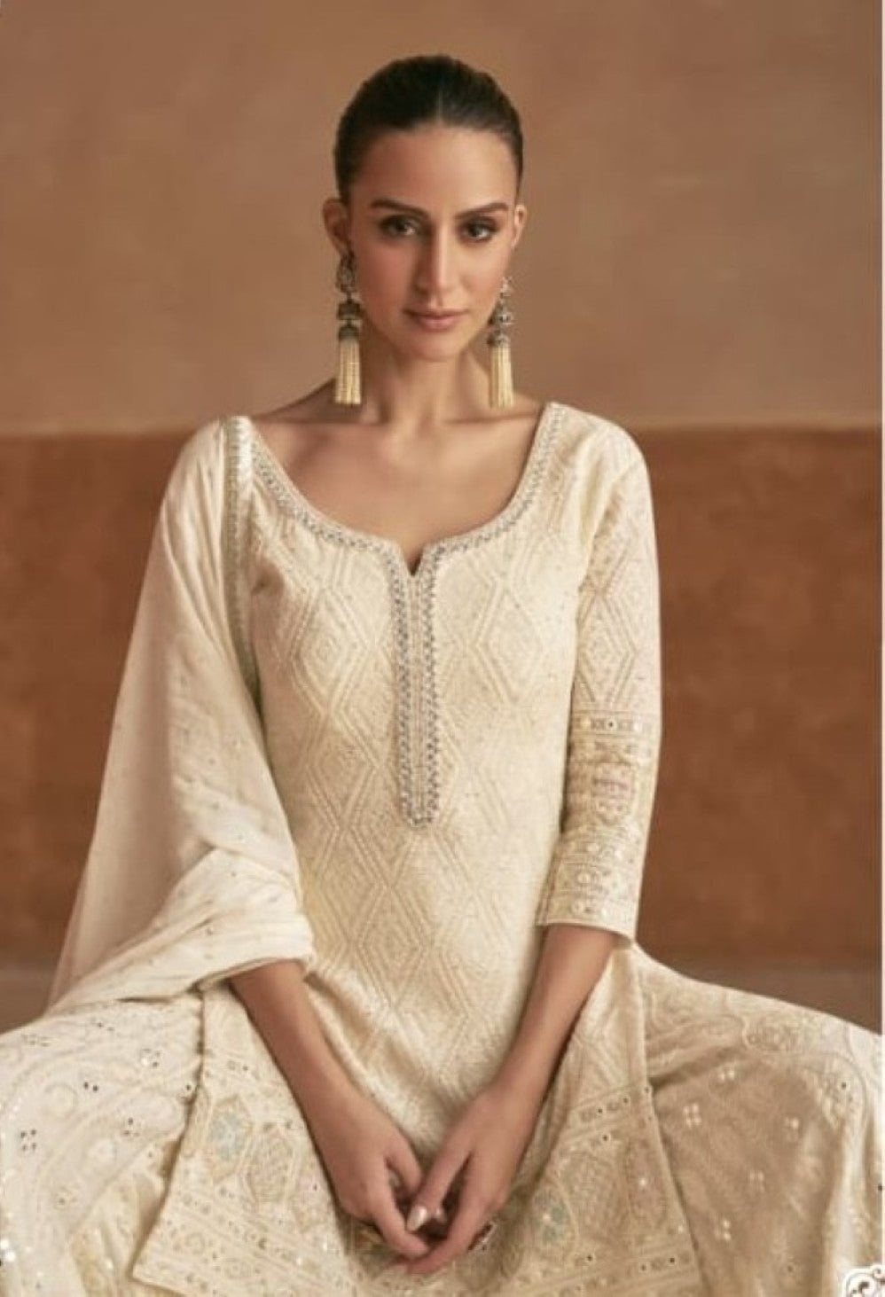Anaita Cream Georgette Stitched Suit With Embroidery & Sequence Work - Dista