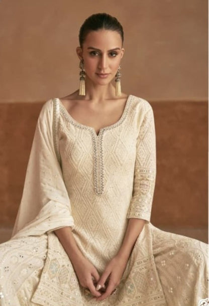 Anaita Cream Georgette Stitched Suit With Embroidery & Sequence Work - Dista