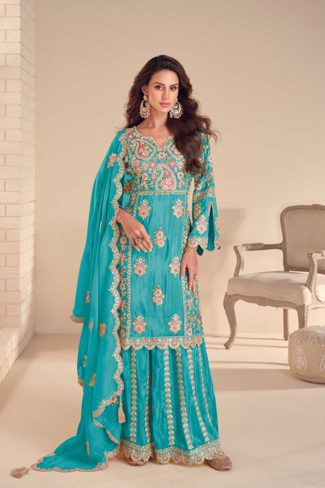 Anaita Turquoise Shimmer Stitched Suit With Hand & Embroidery Work - Distacart