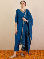 Thumbnail for Indo Era Ethnic Motifs Embroidered Regular V-Neck Straight Kurta With Trousers & Dupatta