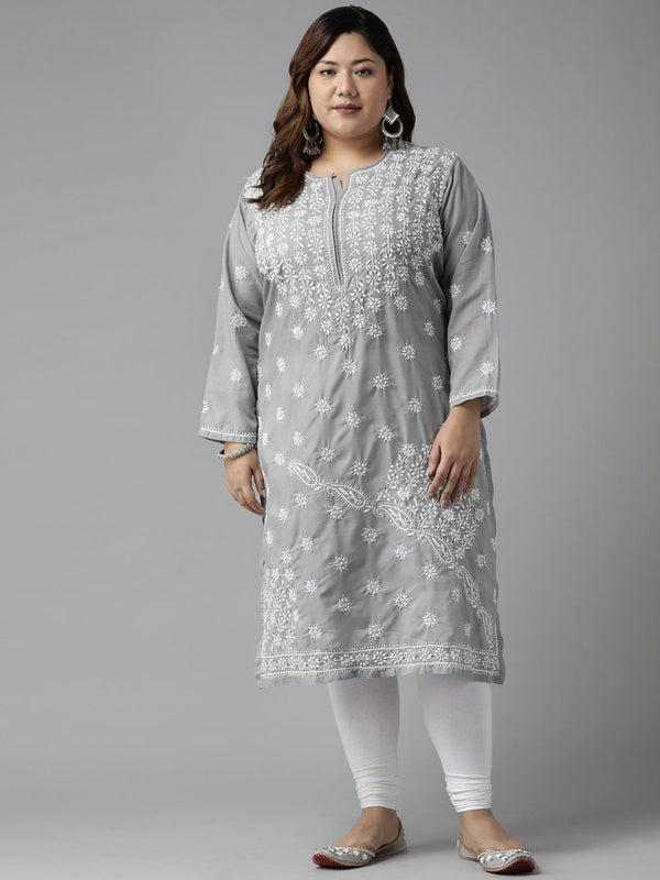 ADA Women Plus Size Grey Floral Embroidered Chikankari Kurta - Distacart