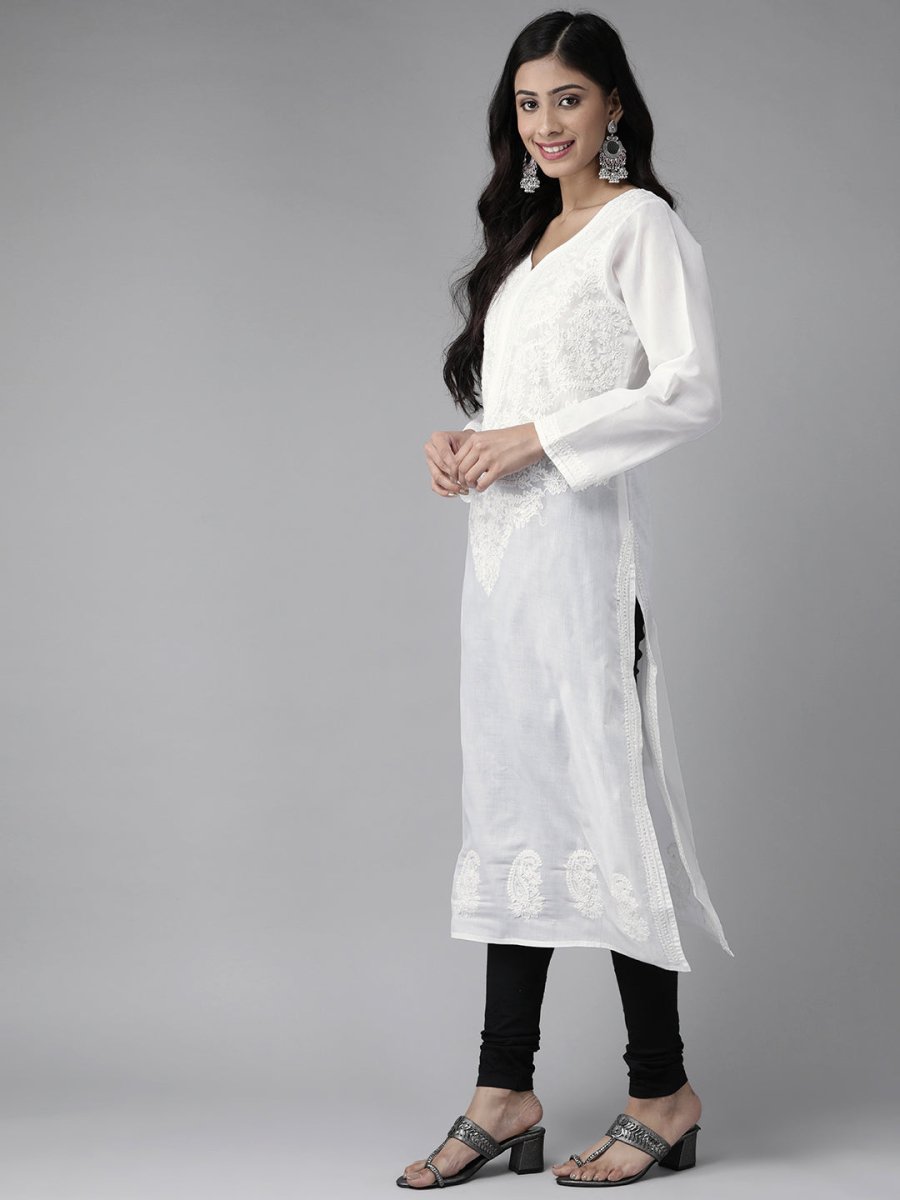 ADA Women White & Black Chikankari Embroidered Handloom Kurta with Cotton Churidar - Distacart
