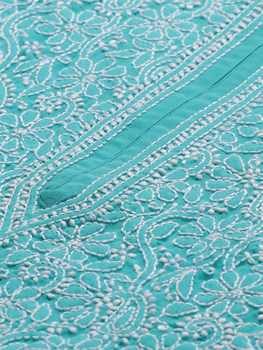 ADA Women Sea Green & White Floral Chikankari Embroidered Straight Sustainable Handloom Kurta - Distacart