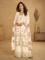 Thumbnail for Anaita Cream Chinon Stitched Suit With Embroidered Sequins & Mirror Work - Distacart