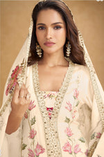 Thumbnail for Anaita Cream Chinon Stitched Suit With Embroidered Sequins & Mirror Work - Distacart