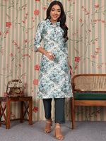 Thumbnail for Ode by House of Pataudi Floral Printed Straight Chanderi Silk Kurta with Trousers - Distacart