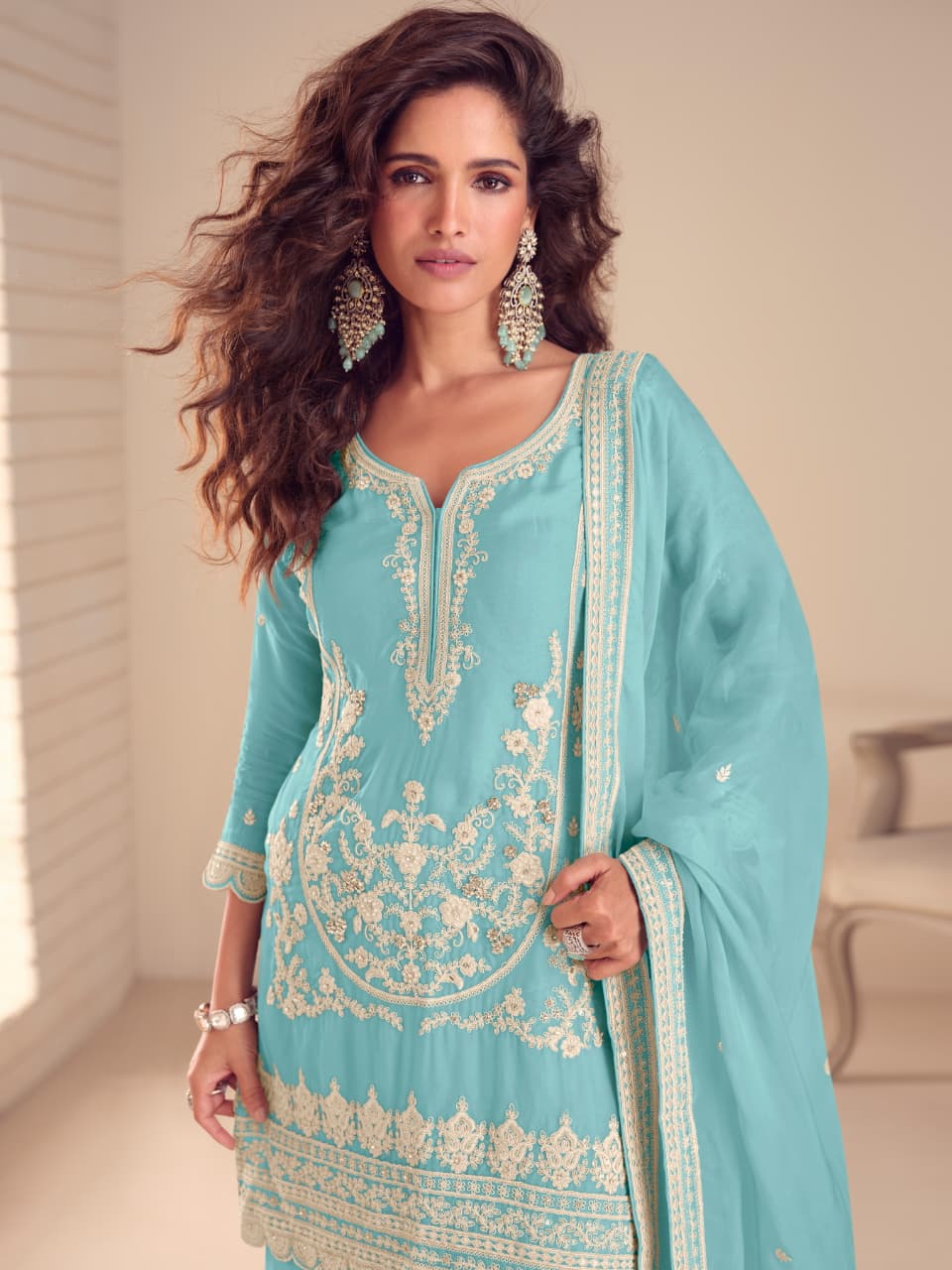 Anaita Sky Chinon Stitched Suit with Embroidery & Sequence Work - Dista