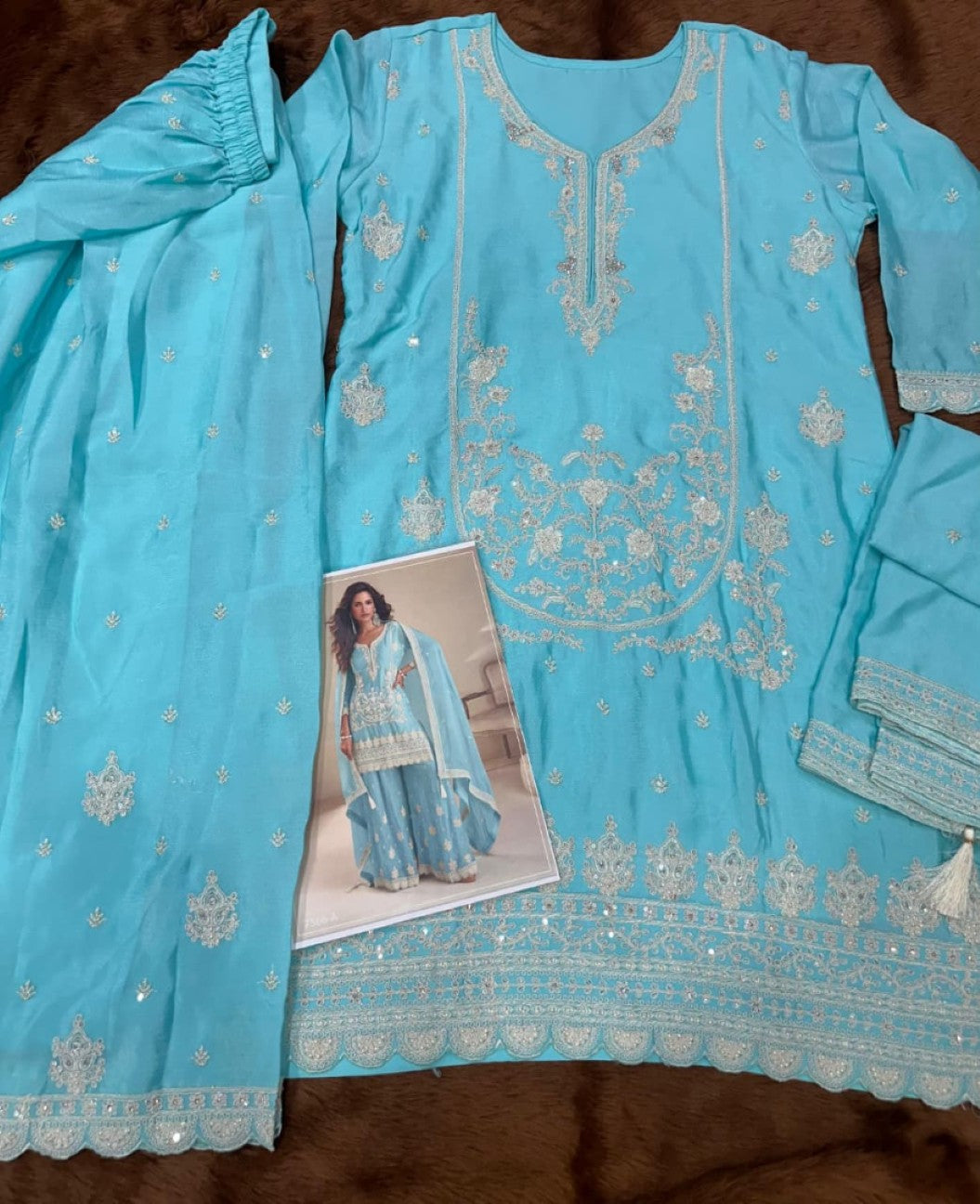 Anaita Sky Chinon Stitched Suit with Embroidery & Sequence Work - Dista