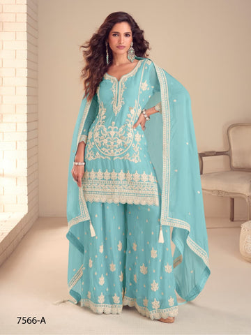 Anaita Sky Chinon Stitched Suit with Embroidery & Sequence Work - Dista