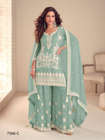 Anaita Turquoise Chinon Stitched Suit with Embroidery & Sequence Work - Dista