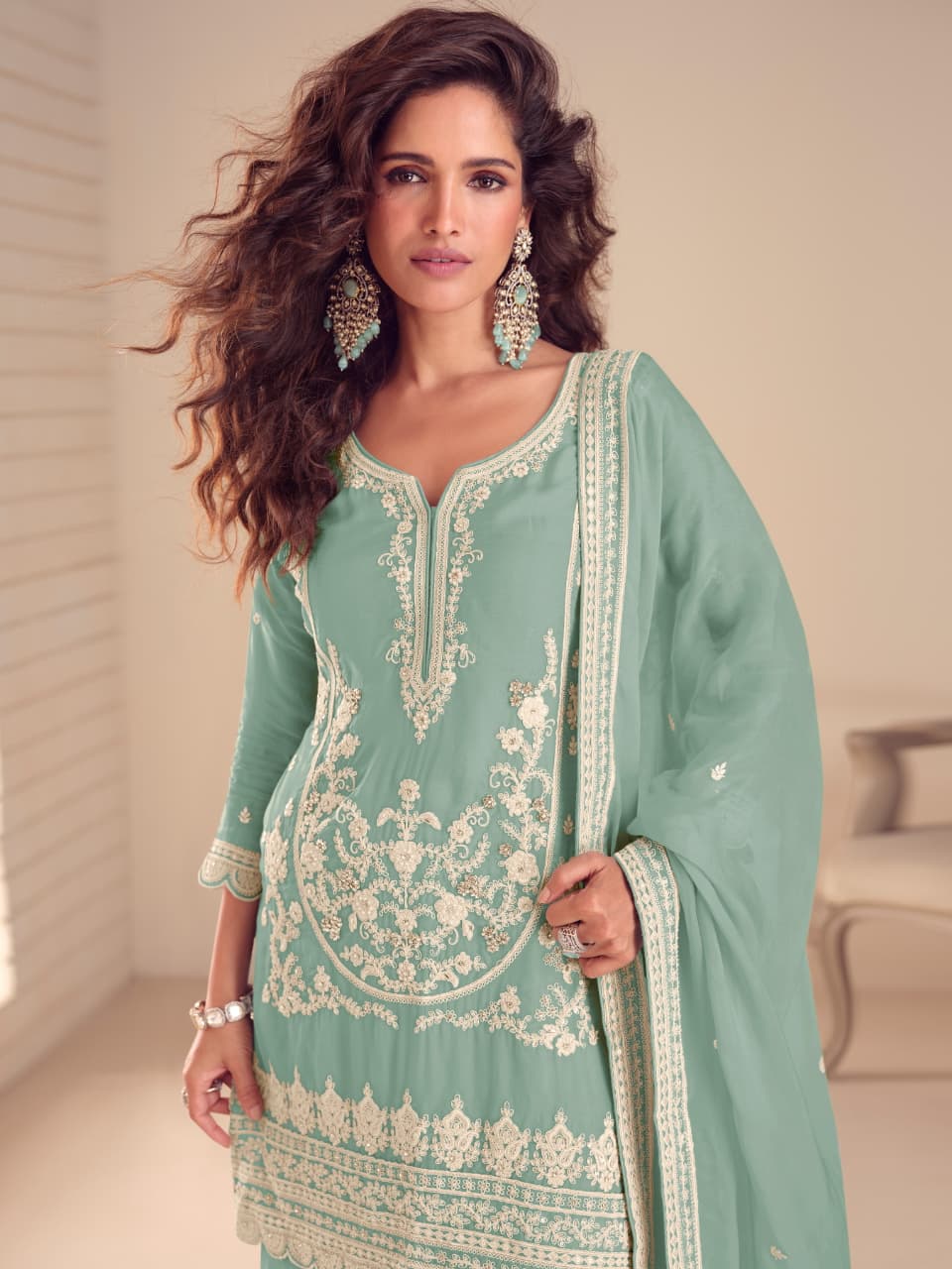 Anaita Turquoise Chinon Stitched Suit with Embroidery & Sequence Work - Dista