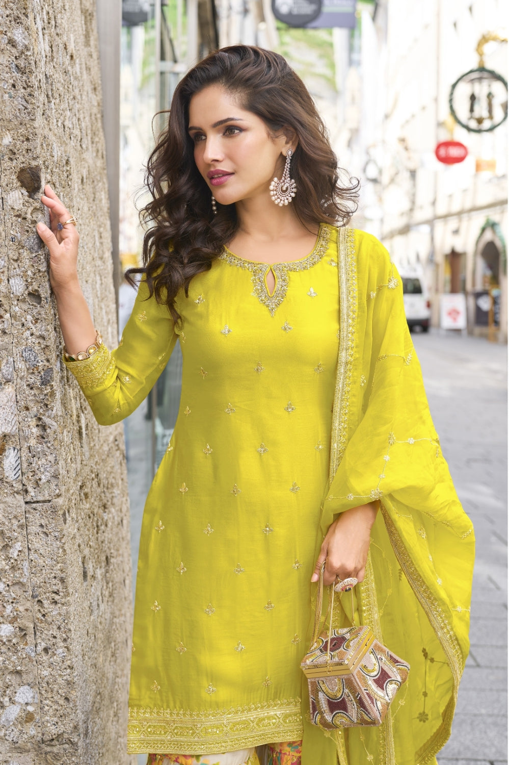 Anaita Yellow Heavy Chinon Silk Palazzo Suit With Sequence Work - Distacart