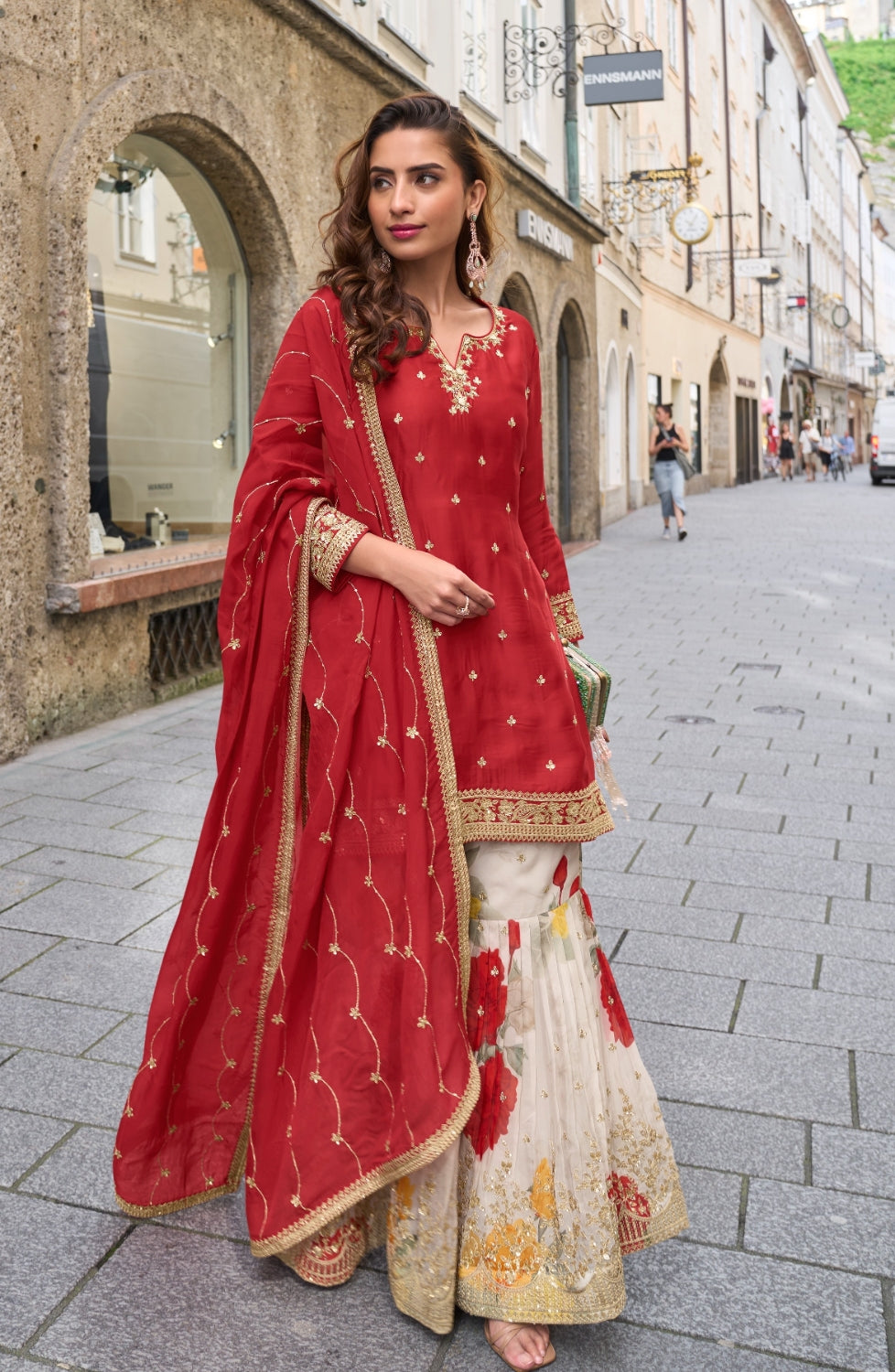 Anaita Red Heavy Chinon Silk Palazzo Suit With Sequence Work - Distacart