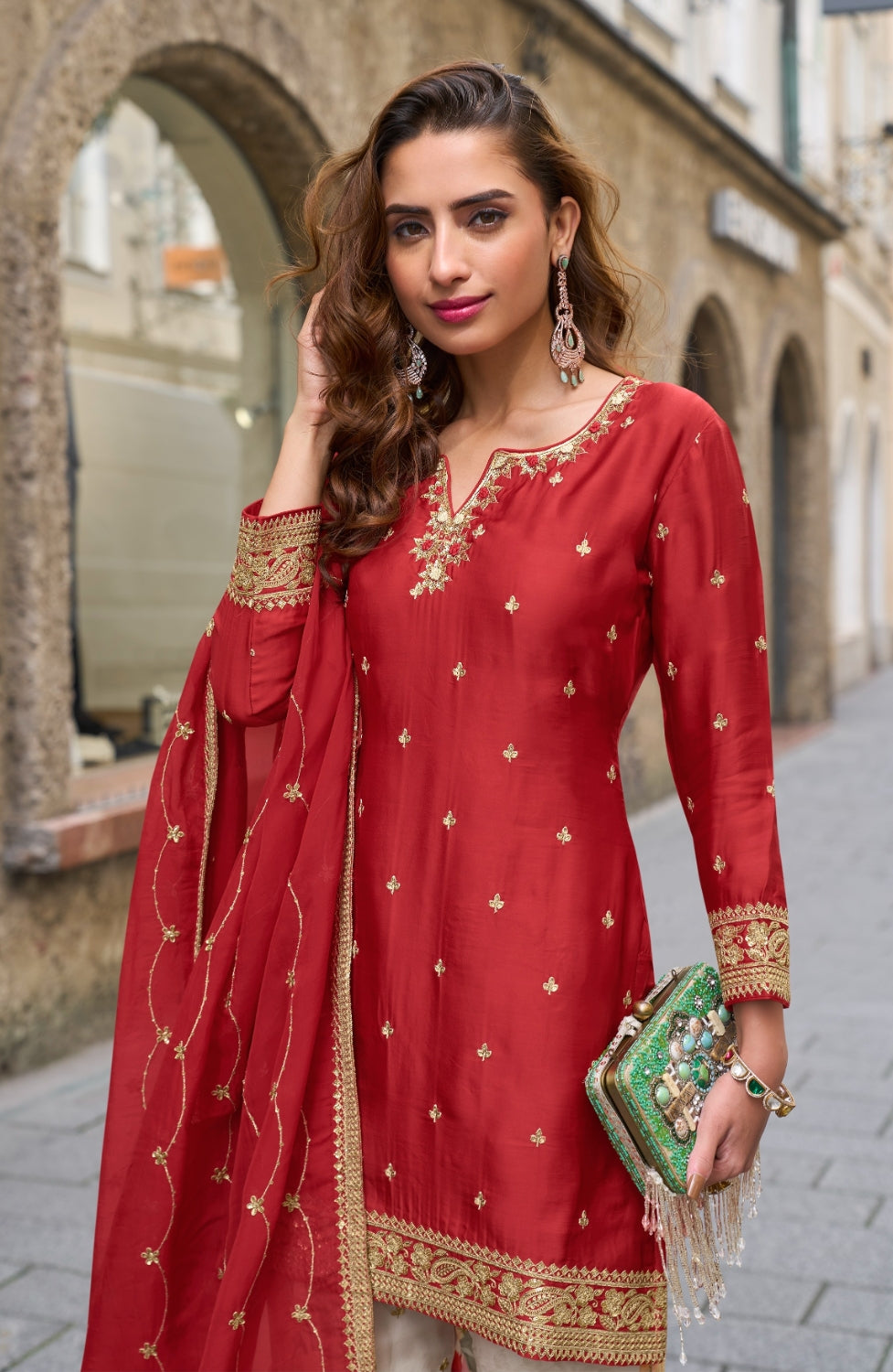 Anaita Red Heavy Chinon Silk Palazzo Suit With Sequence Work - Distacart