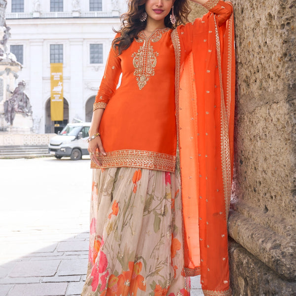 Anaita Orange Heavy Chinon Silk Palazzo Suit With Sequence Work - Distacart
